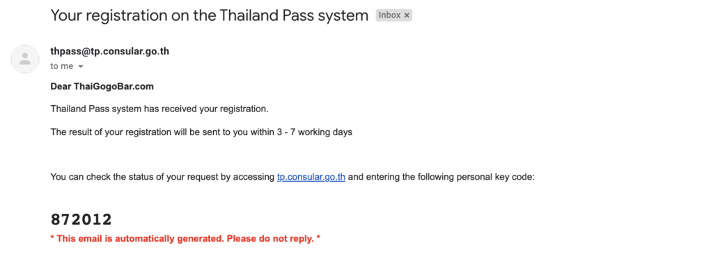 Thailand Pass - Confirmation Email