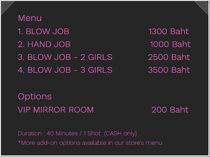 Menu of the 7 Heaven Blowjob Bar in Bangkok