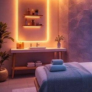 Candlelit neon-lit massage room in Bangkok