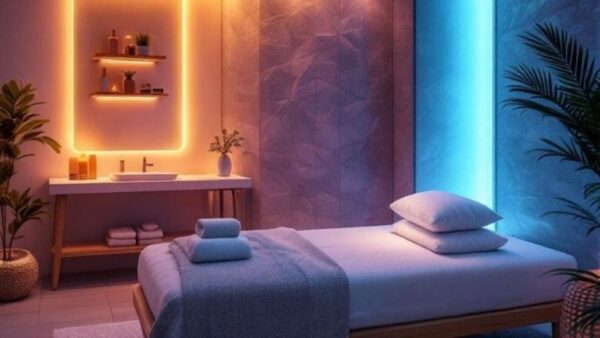 Candlelit neon-lit massage room in Bangkok
