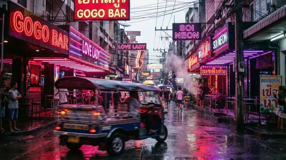 Neon go-go bar street in Bangkok nightlife district at night