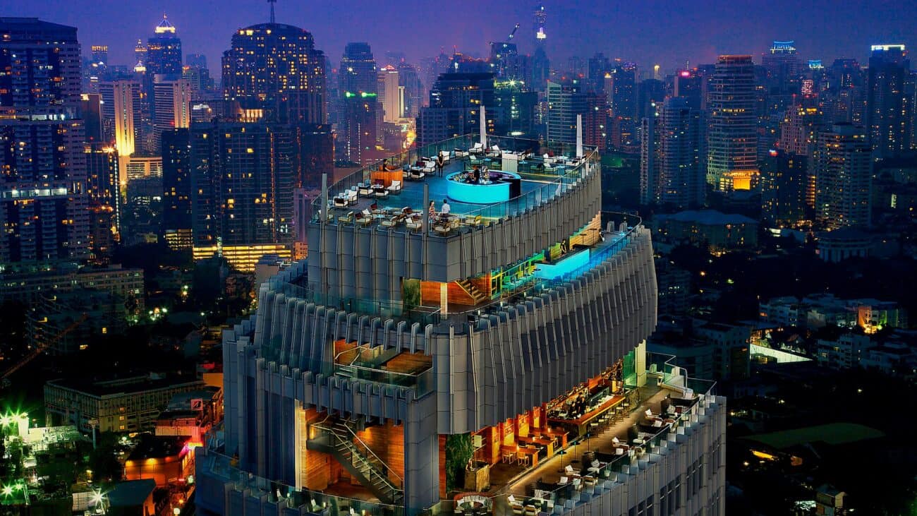 Upper Sukhumvit at night from above, rooftop bar and the Phrom Phong and Thong Lo skyline