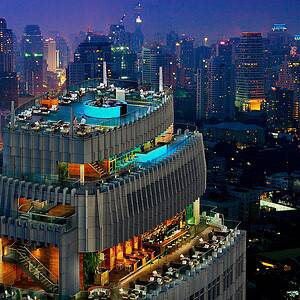 Upper Sukhumvit at night from above, rooftop bar and the Phrom Phong and Thong Lo skyline