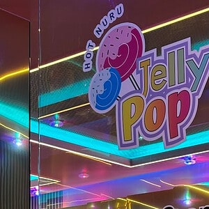 Hot Nuru Jelly Pop logo on the glass door of Jelly-Pop, Sukhumvit Soi 33, Bangkok