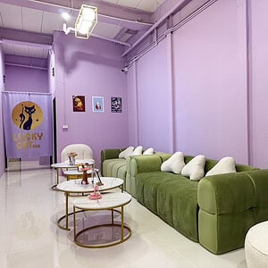 Lilac waiting lounge at Lucky Cat BKK on Sukhumvit Soi 18, Bangkok, with the Lucky Cat logo on the curtain