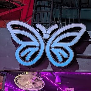 Vicky's Secret butterfly neon sign over the bar on Soi Cowboy
